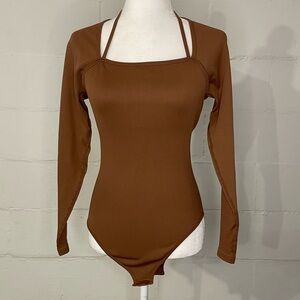 Square Neck Long Sleeve Bodysuit in Chocolate Brown